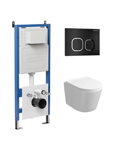 Комплект Унитаз подвесной с инсталляцией Cosmo 97.4477SQ.02.210 безободковый, белый+ Кнопка смыва черная матовая Grossman