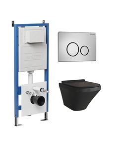 Комплект Унитаз подвесной с инсталляцией Style 97.4440BMS.05.12M безободковый, черный матовый+ Кнопка смыва хром сатиновый Grossman