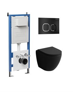 Комплект Унитаз подвесной с инсталляцией Cosmo 97.4455BMSQ.02.210 безободковый, черный матовый+ Кнопка смыва черная матовая Grossman