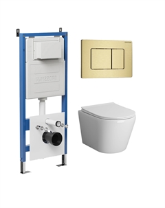 Комплект Унитаз подвесной с инсталляцией Classic 97.4478SQ.04.32M безободковый, белый+ Кнопка смыва золото сатиновое Grossman