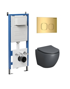 Комплект Унитаз подвесной с инсталляцией Cosmo 97.4455GMS.02.300 безободковый, серый матовый+ Кнопка смыва золото глянцевое Grossman