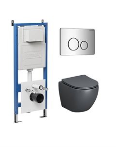 Комплект Унитаз подвесной с инсталляцией Style 97.4455GMS.05.10M безободковый, серый матовый+ Кнопка смыва хром глянцевый Grossman