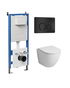 Комплект Унитаз подвесной с инсталляцией Style 97.4455SQ.05.21M безободковый, белый+ Кнопка смыва черная матовая Grossman