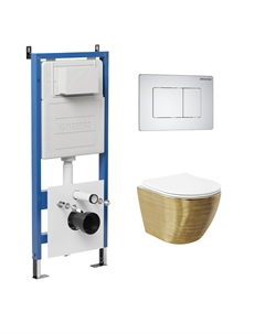 Комплект Унитаз подвесной с инсталляцией Classic 97.4455GWS.04.01M безободковый, золото+ Кнопка смыва белая матовая Grossman