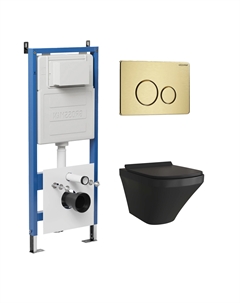 Комплект Унитаз подвесной с инсталляцией Style 97.4440BMS.05.32M безободковый, черный матовый+ Кнопка смыва золото сатиновое Grossman