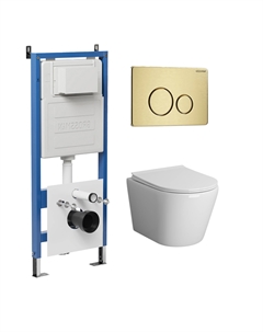 Комплект Унитаз подвесной с инсталляцией Style 97.4478SQ.05.32M безободковый, белый+ Кнопка смыва золото сатиновое Grossman