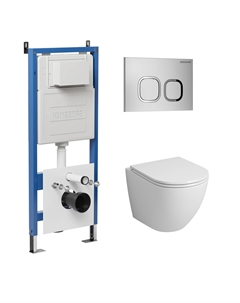 Комплект Унитаз подвесной с инсталляцией Cosmo 97.4455SQ.02.110 безободковый, белый+ Кнопка смыва хром матовый Grossman