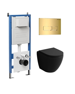 Комплект Унитаз подвесной с инсталляцией Pragma 97.4455BMS.03.300 безободковый, черный матовый+ Кнопка смыва золото глянцевое Grossman