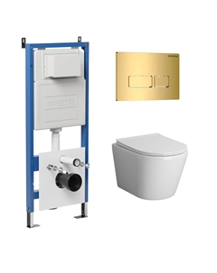 Комплект Унитаз подвесной с инсталляцией Pragma 97.4478SQ.03.300 безободковый, белый+ Кнопка смыва золото глянцевое Grossman