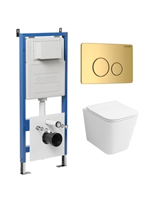 Комплект Унитаз подвесной с инсталляцией Style 97.4479SQ.05.30M безободковый, белый+ Кнопка смыва золото глянцевое Grossman