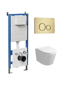 Комплект Унитаз подвесной с инсталляцией Style 97.4477SQ.05.32M безободковый, белый+ Кнопка смыва золото сатиновое Grossman