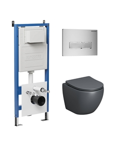 Комплект Унитаз подвесной с инсталляцией Pragma 97.4455GMS.03.110 безободковый, серый матовый+ Кнопка смыва хром матовый Grossman