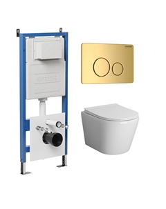 Комплект Унитаз подвесной с инсталляцией Style 97.4478SQ.05.30M безободковый, белый+ Кнопка смыва золото глянцевое Grossman