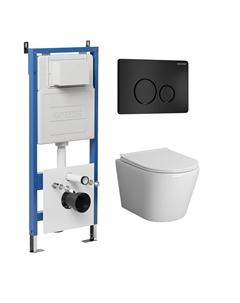 Комплект Унитаз подвесной с инсталляцией Style 97.4478SQ.05.21M безободковый, белый+ Кнопка смыва черная матовая Grossman