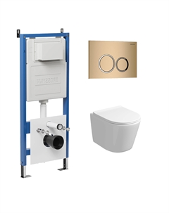 Комплект Унитаз подвесной с инсталляцией Galaxy 97.4477SQ.01.310 безободковый, белый+ Кнопка смыва золото матовое Grossman