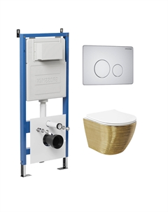 Комплект Унитаз подвесной с инсталляцией Style 97.4455GWS.05.01M безободковый, золото+ Кнопка смыва белая матовая Grossman