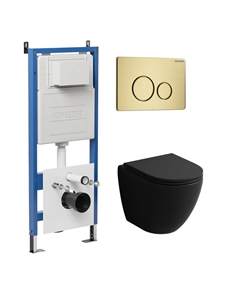 Комплект Унитаз подвесной с инсталляцией Style 97.4455BMS.05.32M безободковый, черный матовый+ Кнопка смыва золото сатиновое Grossman