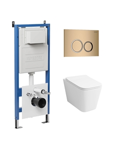 Комплект Унитаз подвесной с инсталляцией Galaxy 97.4441S.01.310 безободковый, белый + Кнопка смыва золото матовое Grossman