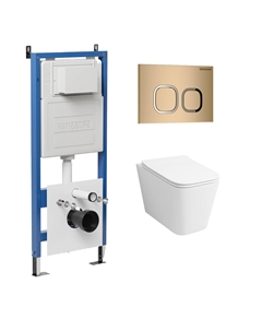 Комплект Унитаз подвесной с инсталляцией Cosmo 97.4441S.02.310 безободковый, белый + Кнопка смыва золото матовое Grossman