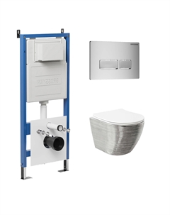Комплект Унитаз подвесной с инсталляцией Pragma 97.4455SWS.03.110 безободковый, серебро+ Кнопка смыва хром матовый Grossman