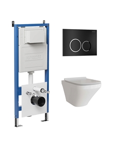 Комплект Унитаз подвесной с инсталляцией Galaxy 97.4440S.01.210 безободковый, белый + Кнопка смыва черная матовая Grossman