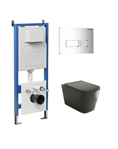 Комплект Унитаз подвесной с инсталляцией Pragma 97.4441BMS.03.100 безободковый, черный матовый + Кнопка смыва хром глянцевый Grossman