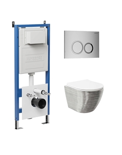 Комплект Унитаз подвесной с инсталляцией Galaxy 97.4455SWS.01.110 безободковый, серебро+ Кнопка смыва хром матовый Grossman