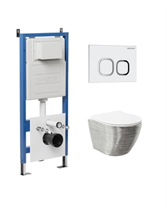 Комплект Унитаз подвесной с инсталляцией Cosmo 97.4455SWS.02.000 безободковый, серебро+ Кнопка смыва белая Grossman