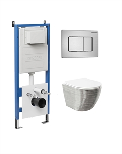 Комплект Унитаз подвесной с инсталляцией Classic 97.4455SWS.04.12M безободковый, серебро+ Кнопка смыва хром сатиновый Grossman