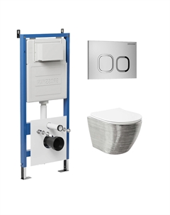 Комплект Унитаз подвесной с инсталляцией Cosmo 97.4455SWS.02.110 безободковый, серебро+ Кнопка смыва хром матовый Grossman