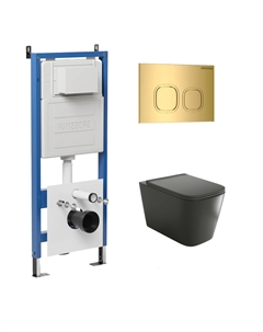 Комплект Унитаз подвесной с инсталляцией Cosmo 97.4441BMS.02.300 безободковый, черный матовый + Кнопка смыва золото глянцевое Grossman