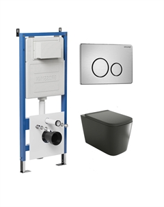 Комплект Унитаз подвесной с инсталляцией Style 97.4441BMS.05.12M безободковый, черный матовый + Кнопка смыва хром сатиновый Grossman