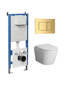 Комплект Унитаз подвесной с инсталляцией Classic 97.4478BMS.04.30M безободковый, черный матовый + Кнопка смыва золото глянцевое Grossman