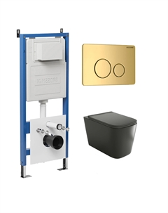 Комплект Унитаз подвесной с инсталляцией Style 97.4441BMS.05.30M безободковый, черный матовый + Кнопка смыва золото глянцевое Grossman