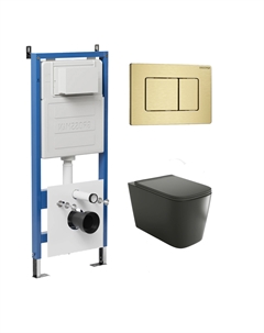 Комплект Унитаз подвесной с инсталляцией Classic 97.4441BMS.04.32M безободковый, черный матовый + Кнопка смыва золото сатиновое Grossman