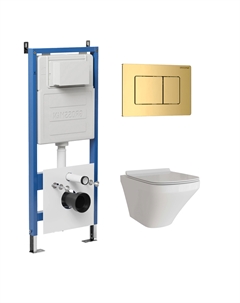 Комплект Унитаз подвесной с инсталляцией Classic 97.4440S.04.30M безободковый, белый + Кнопка смыва золото глянцевое Grossman