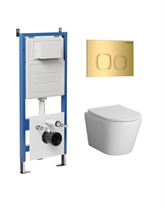 Комплект Унитаз подвесной с инсталляцией Cosmo 97.4478BMS.02.300 безободковый, черный матовый + Кнопка смыва золото глянцевое Grossman