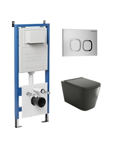 Комплект Унитаз подвесной с инсталляцией Cosmo 97.4441BMS.02.110 безободковый, черный матовый + Кнопка смыва хром матовый Grossman