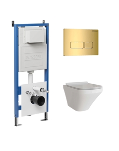 Комплект Унитаз подвесной с инсталляцией Pragma 97.4440S.03.300 безободковый, белый + Кнопка смыва золото глянцевое Grossman