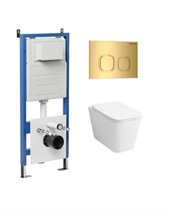 Комплект Унитаз подвесной с инсталляцией Cosmo 97.4441S.02.300 безободковый, белый + Кнопка смыва золото глянцевое Grossman