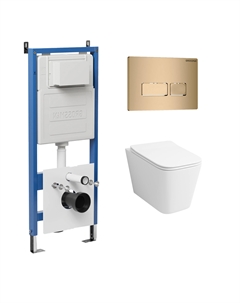 Комплект Унитаз подвесной с инсталляцией Pragma 97.4441S.03.310 безободковый, белый + Кнопка смыва золото матовое Grossman