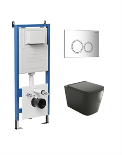 Комплект Унитаз подвесной с инсталляцией Galaxy 97.4441BMS.01.100 безободковый, черный матовый + Кнопка смыва хром глянцевый Grossman