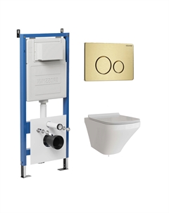 Комплект Унитаз подвесной с инсталляцией Style 97.4440S.05.32M безободковый, белый + Кнопка смыва золото сатиновое Grossman