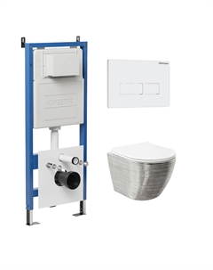 Комплект Унитаз подвесной с инсталляцией Pragma 97.4455SWS.03.000 безободковый, серебро+ Кнопка смыва белая Grossman