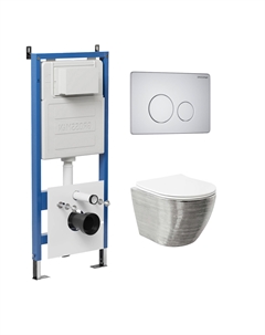 Комплект Унитаз подвесной с инсталляцией Style 97.4455SWS.05.01M безободковый, серебро+ Кнопка смыва белая матовая Grossman