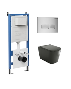 Комплект Унитаз подвесной с инсталляцией Pragma 97.4441BMS.03.110 безободковый, черный матовый + Кнопка смыва хром матовый Grossman