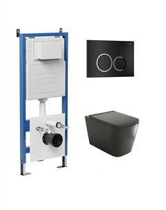 Комплект Унитаз подвесной с инсталляцией Galaxy 97.4441BMS.01.210 безободковый, черный матовый + Кнопка смыва черная матовая Grossman
