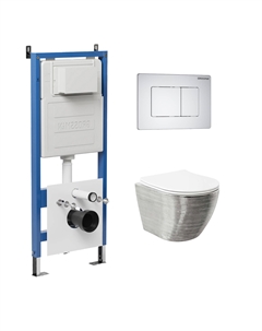 Комплект Унитаз подвесной с инсталляцией Classic 97.4455SWS.04.01M безободковый, серебро+ Кнопка смыва белая матовая Grossman