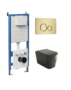 Комплект Унитаз подвесной с инсталляцией Style 97.4441BMS.05.32M безободковый, черный матовый + Кнопка смыва золото сатиновое Grossman