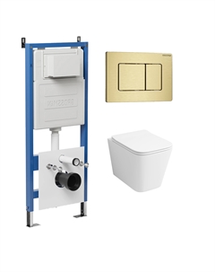 Комплект Унитаз подвесной с инсталляцией Classic 97.4441S.04.32M безободковый, белый + Кнопка смыва золото сатиновое Grossman